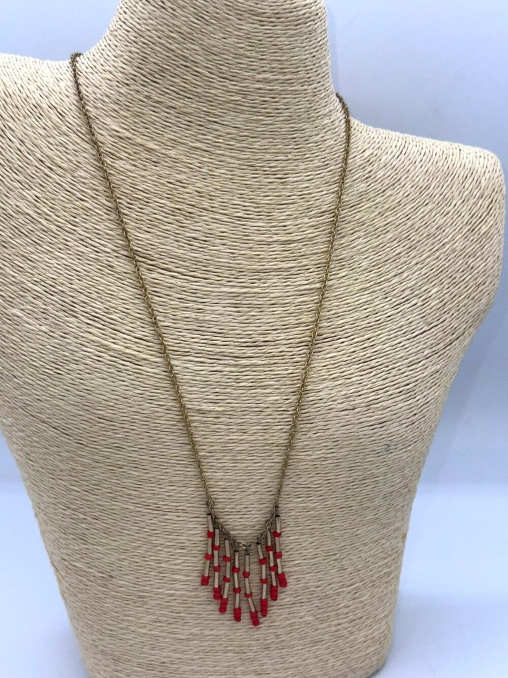 1937 Red Fringe Dangle Necklace Vintage Art Deco Style Statement Piece